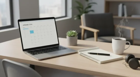 A laptop open on a wooden desk displaying a social media content calendar spreadsheet next to a notebook.