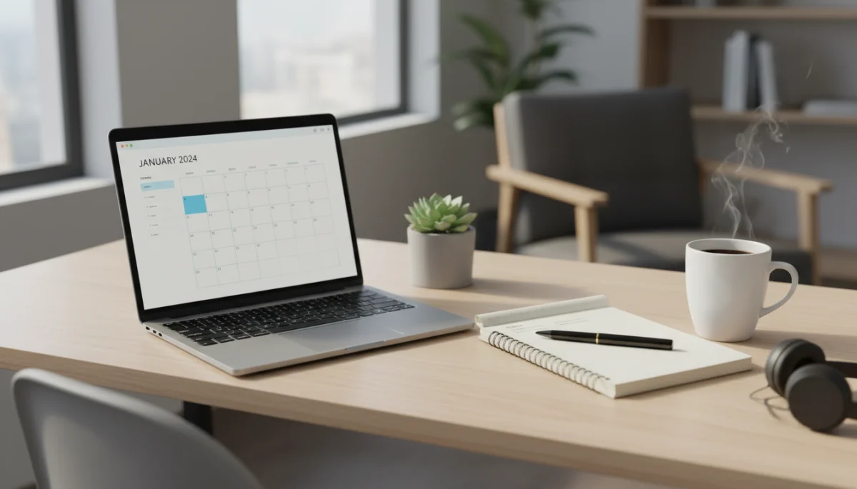A laptop open on a wooden desk displaying a social media content calendar spreadsheet next to a notebook.