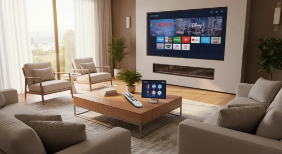 Smart TV screen displaying streaming applications in a contemporary living room.