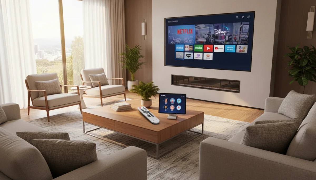 Smart TV screen displaying streaming applications in a contemporary living room.