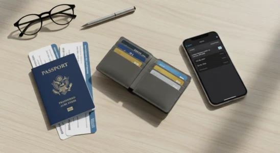 Travel rewards credit cards, passport, and boarding pass on a desk