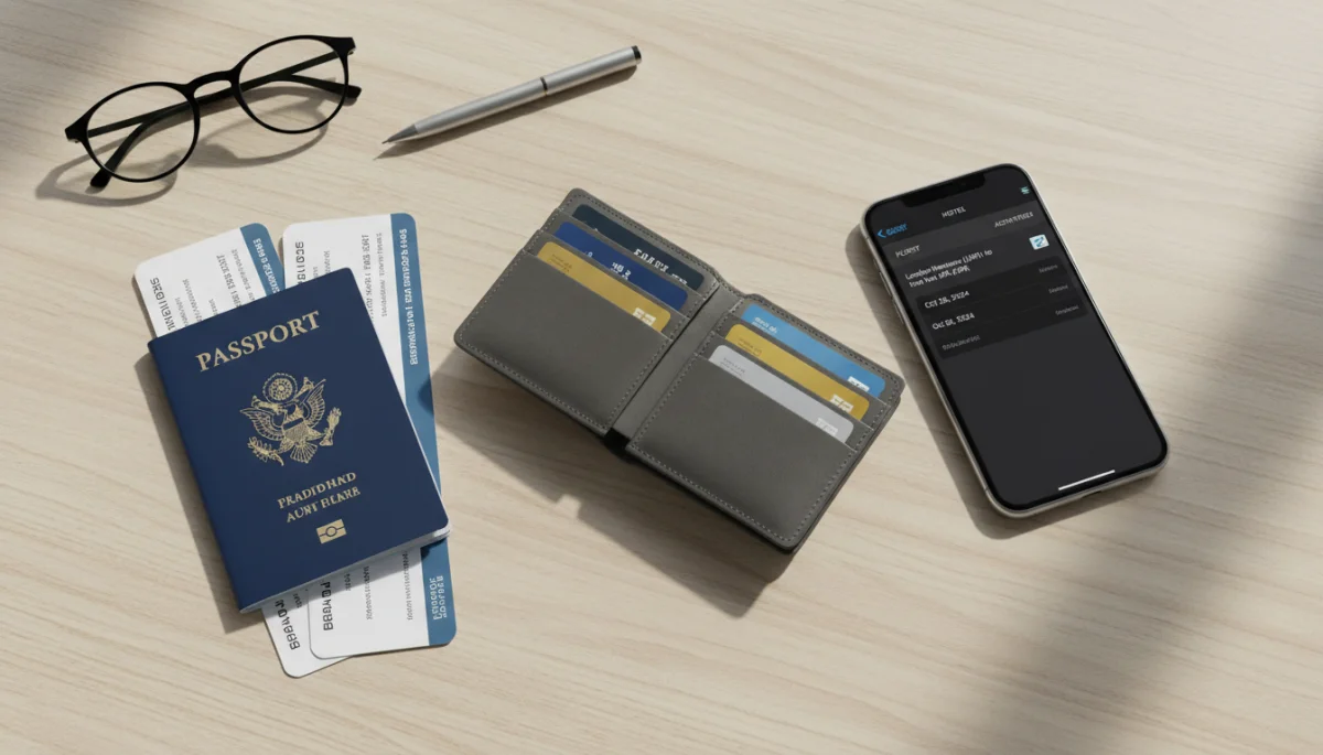 Travel rewards credit cards, passport, and boarding pass on a desk
