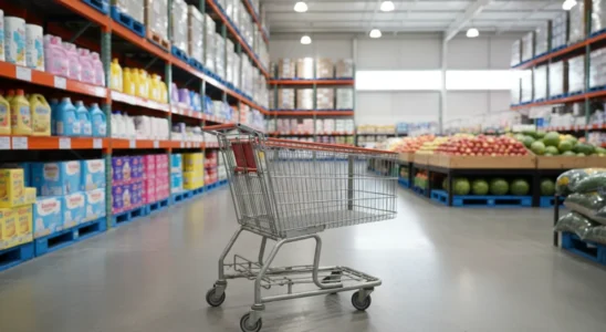 Shopping cart in the wide aisle of a warehouse club store