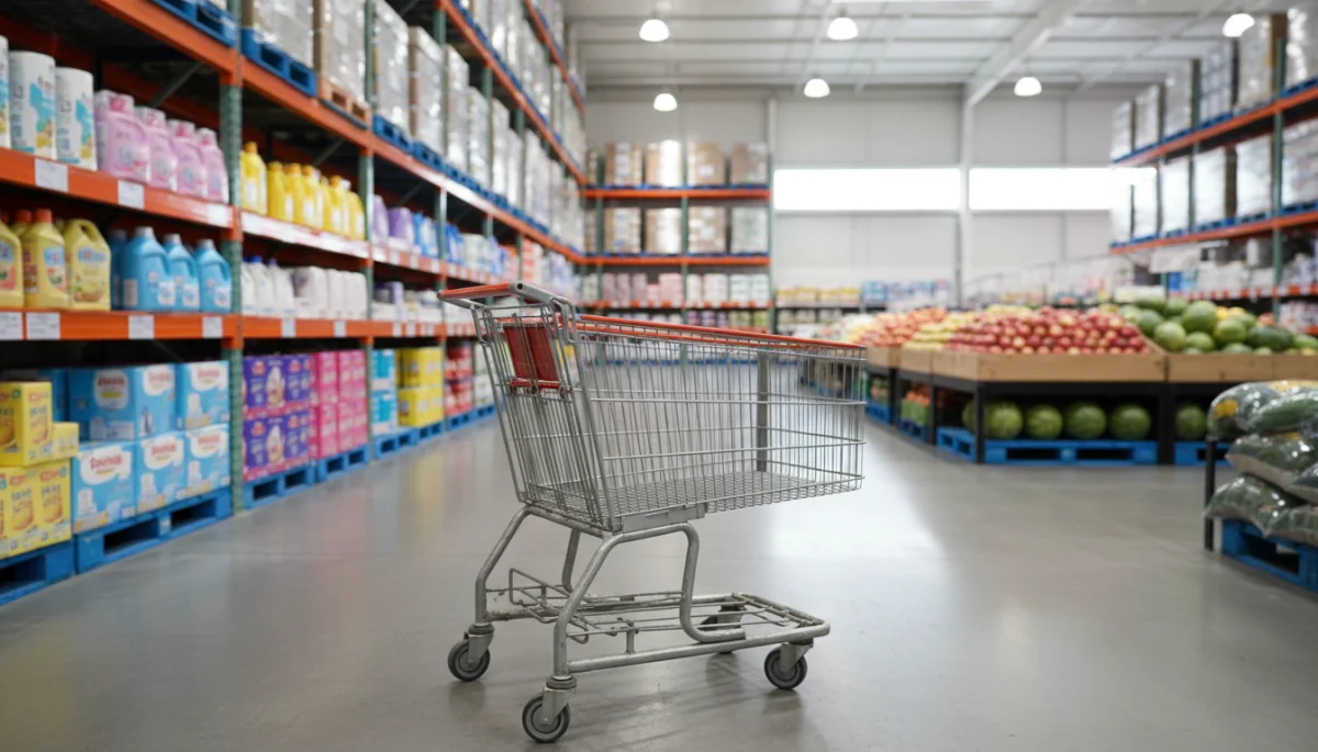 Shopping cart in the wide aisle of a warehouse club store