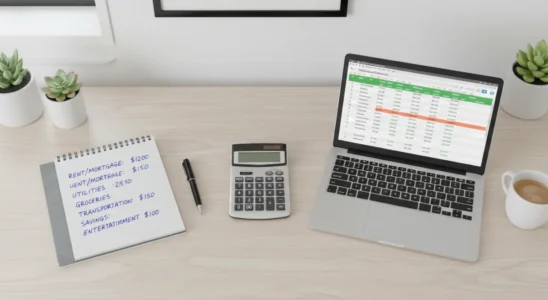 Notebook and calculator on a desk arranged for monthly financial planning and zero-based budgeting.