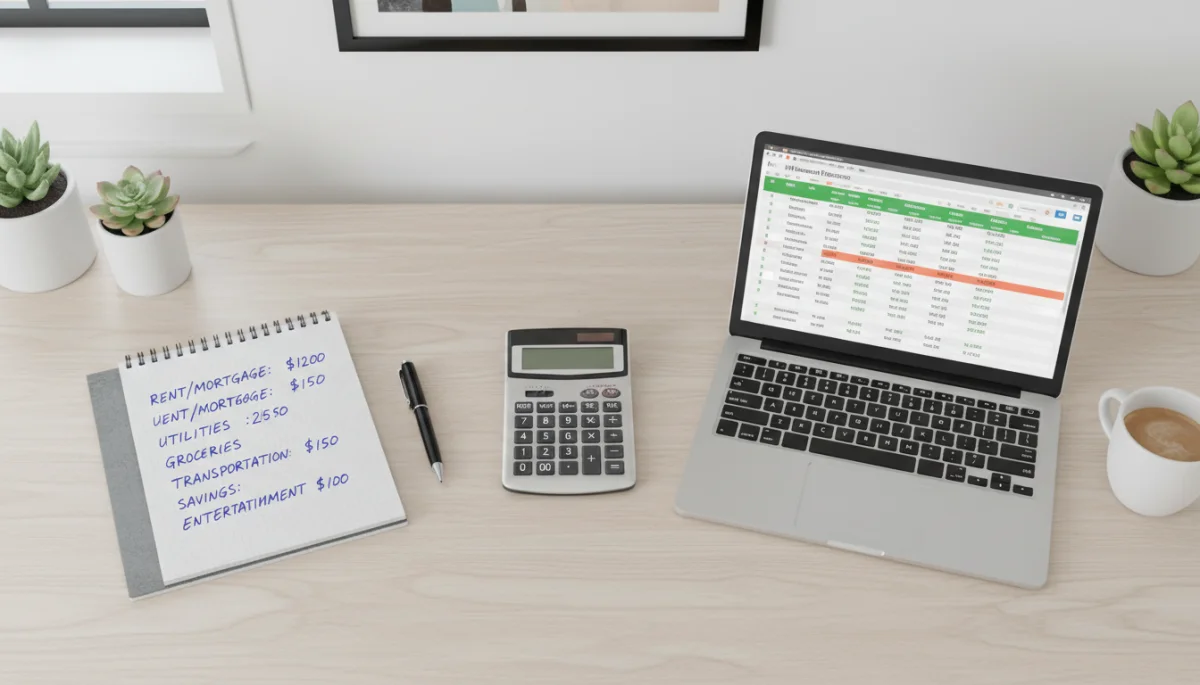 Notebook and calculator on a desk arranged for monthly financial planning and zero-based budgeting.
